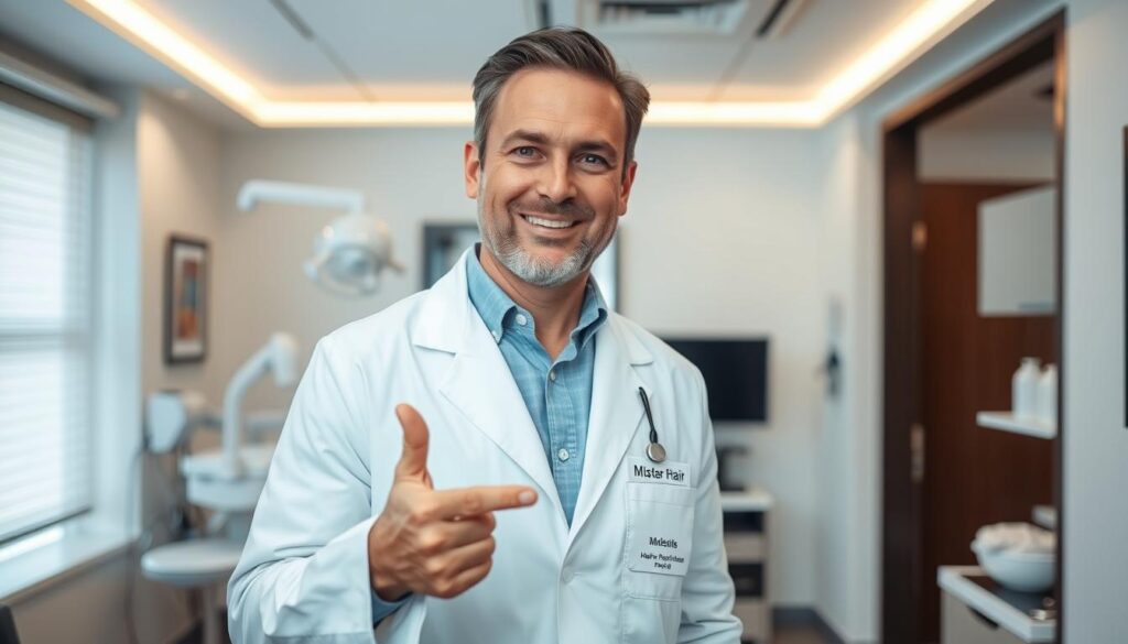 A middle-aged man wearing a white coat and a name tag that reads &amp;amp;quot;Mister Hair&amp;amp;quot; stands in a modern, well-lit medical office. He has a warm, welcoming expression as he gestures towards the camera, showcasing his expertise in hair transplant procedures. The scene conveys a sense of professionalism and trust, with a subtle backdrop of medical equipment and an inviting, clinical atmosphere.