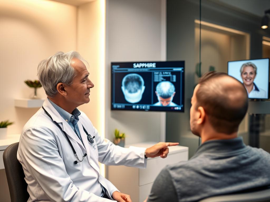 Patient receiving personalized care during Sapphire hair transplant consultation at Mister Hair Clinic Patient receiving personalized care during Sapphire hair transplant consultation at Mister Hair Clinic