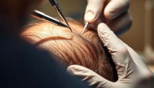 A close-up view of a hair transplant procedure, showing the surgical tools, the patient's scalp, and the skilled hands of a Mister Hair surgeon. The image is lit with a soft, warm lighting that accentuates the details of the process. The background is blurred, allowing the viewer to focus on the intricate steps of the procedure. The scene conveys a sense of professionalism, technical precision, and the care taken to ensure a successful outcome for the patient.